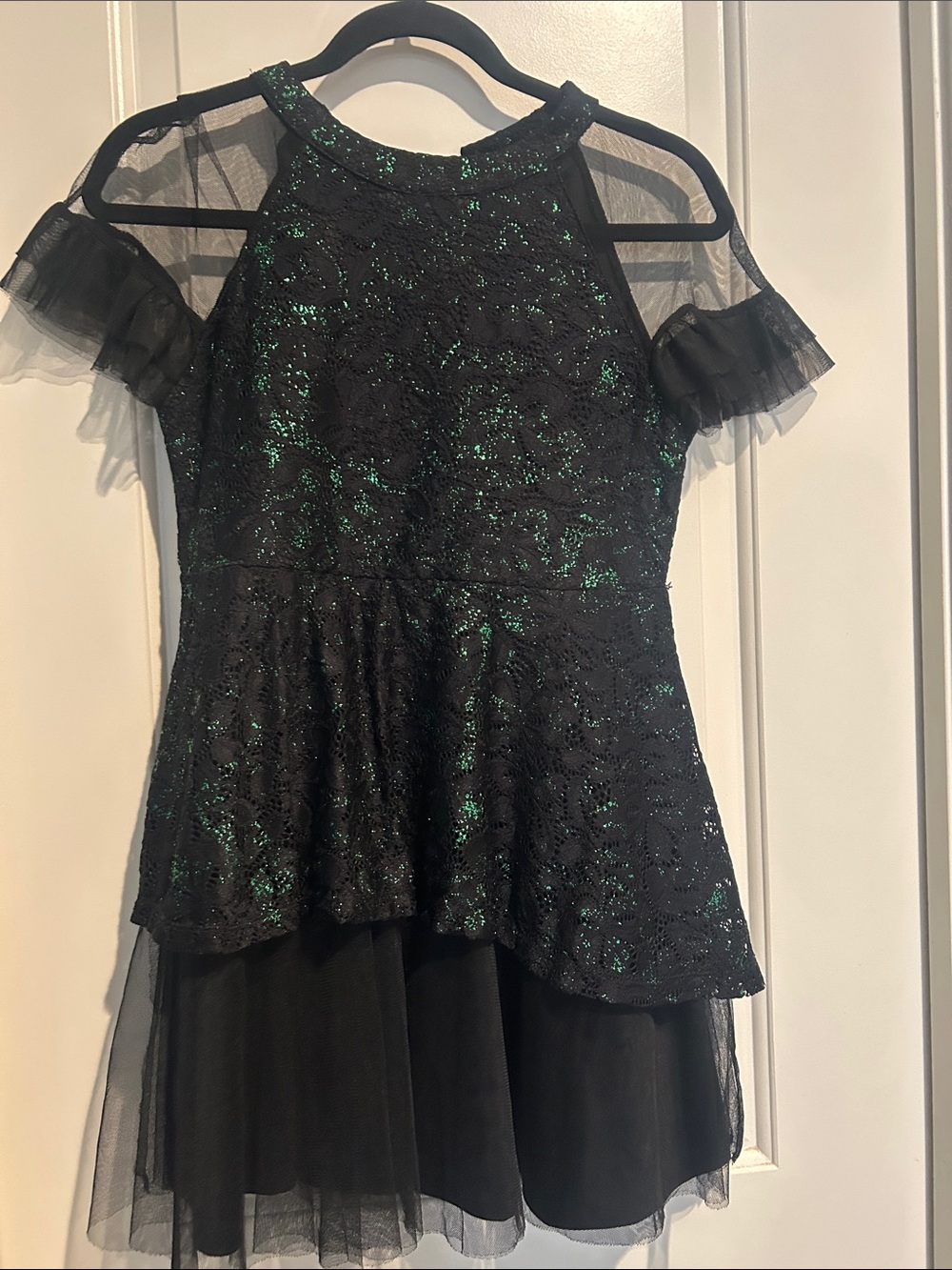Girls Black & Emerald Glitter Lace Party Dress